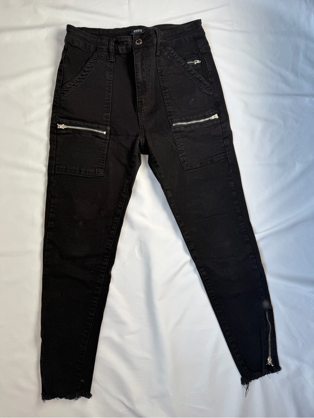 8th of LA Black Moto Cargo Skinny Jeans Zip Pockets Raw Hem Size